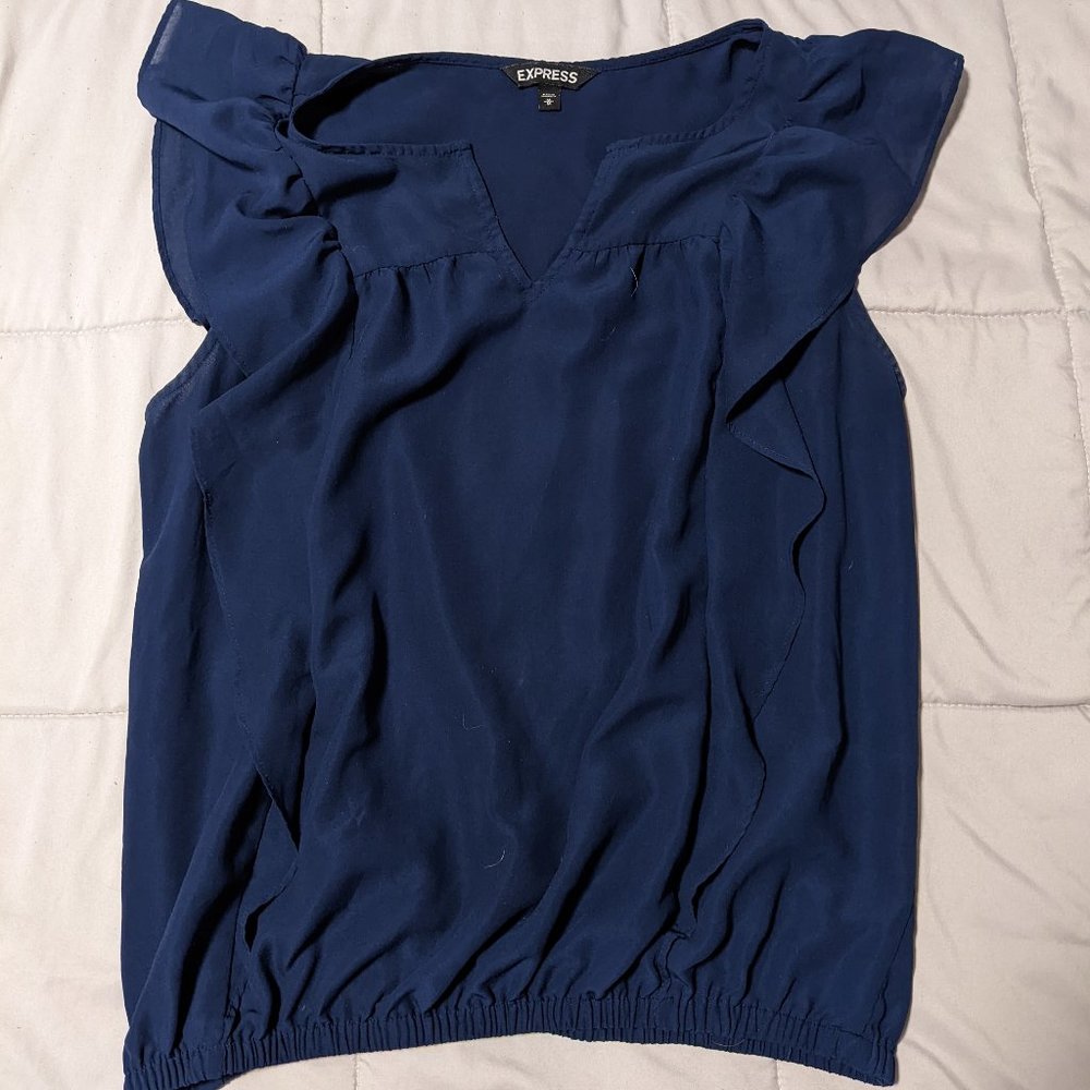 Navy Ruffle Sleeveless Blouse